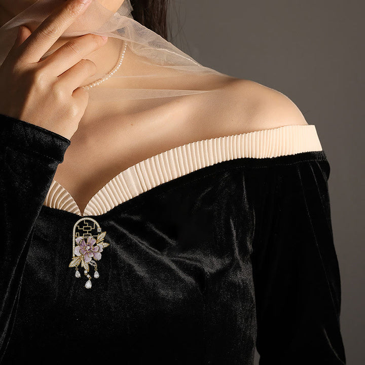 Buddha Stones Chinese-style Window Purple Peony Flower Tassel Copper Brooch - image 3