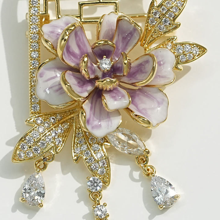 Buddha Stones Chinese-style Window Purple Peony Flower Tassel Copper Brooch - image 5