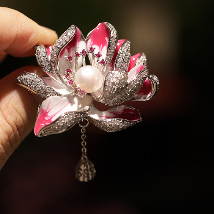 Buddha Stones Lotus Flower Pearl New Beginning Copper Brooch - image 3