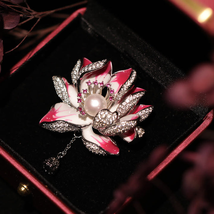 Buddha Stones Lotus Flower Pearl New Beginning Copper Brooch - Rose Red - image 2