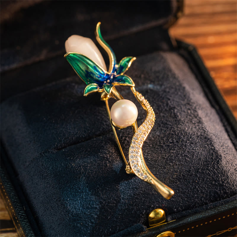 Buddha Stones Magnolia Flower Pearl Optimism Copper Brooch - Magnolia Flower - image 0