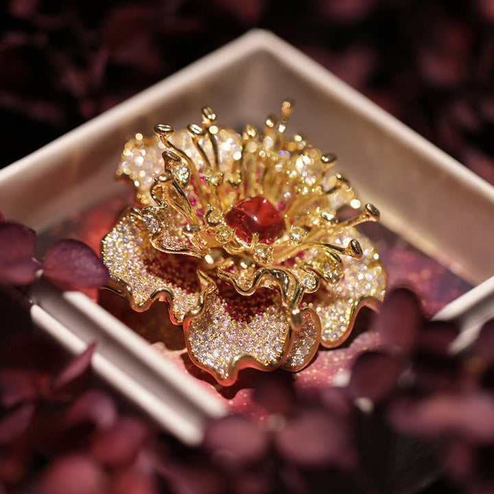 Buddha Stones Peony Flower Prosperity Copper Brooch - Red Peony - image 0