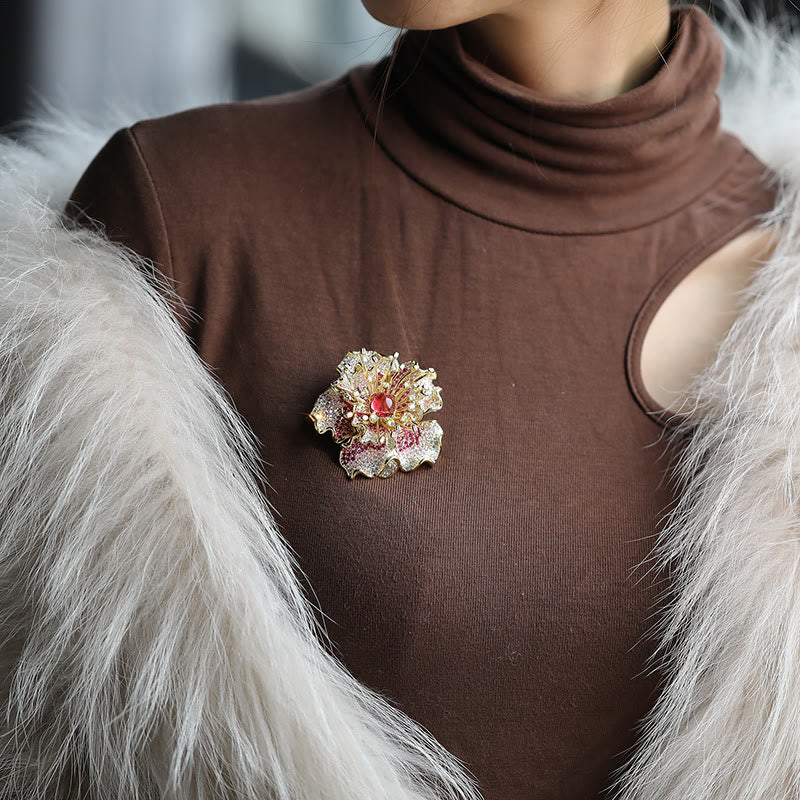 Buddha Stones Peony Flower Prosperity Copper Brooch - image 5