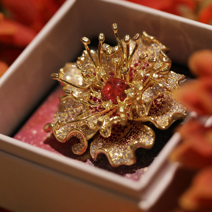 Buddha Stones Peony Flower Prosperity Copper Brooch - image 2