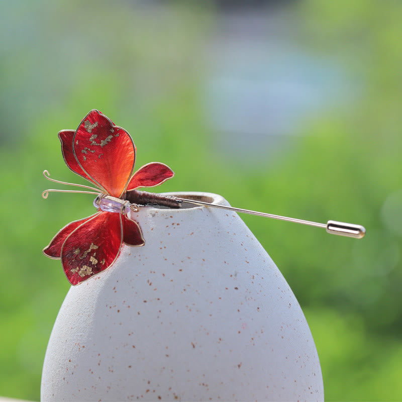 Buddha Stones Handcrafted Silk Art Velvet Flower Red Butterfly Brooch - Red Butterfly About 7-8cm - image 0