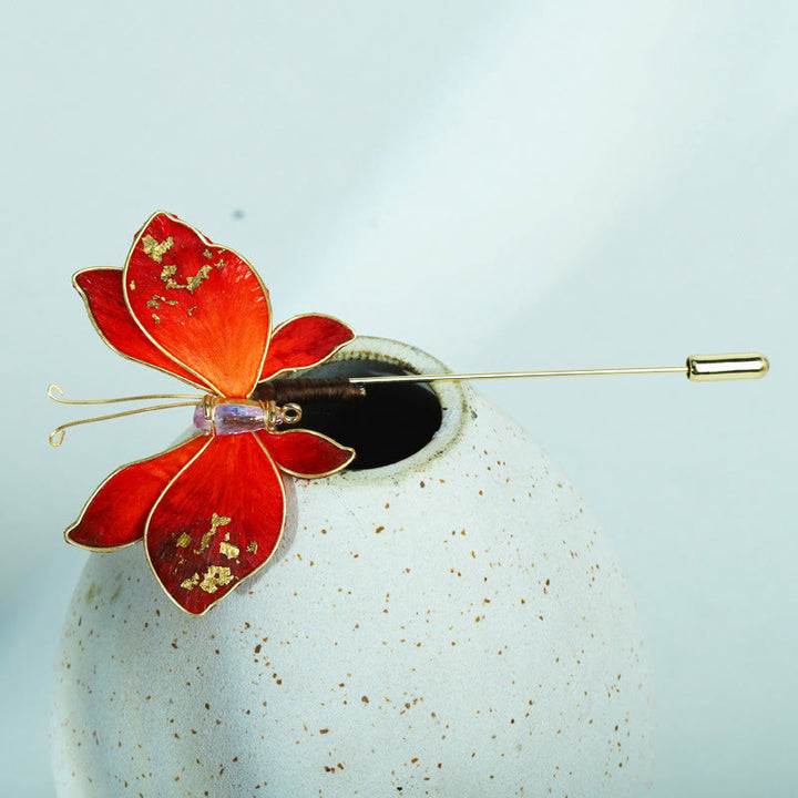 Buddha Stones Handcrafted Silk Art Velvet Flower Red Butterfly Brooch - image 4