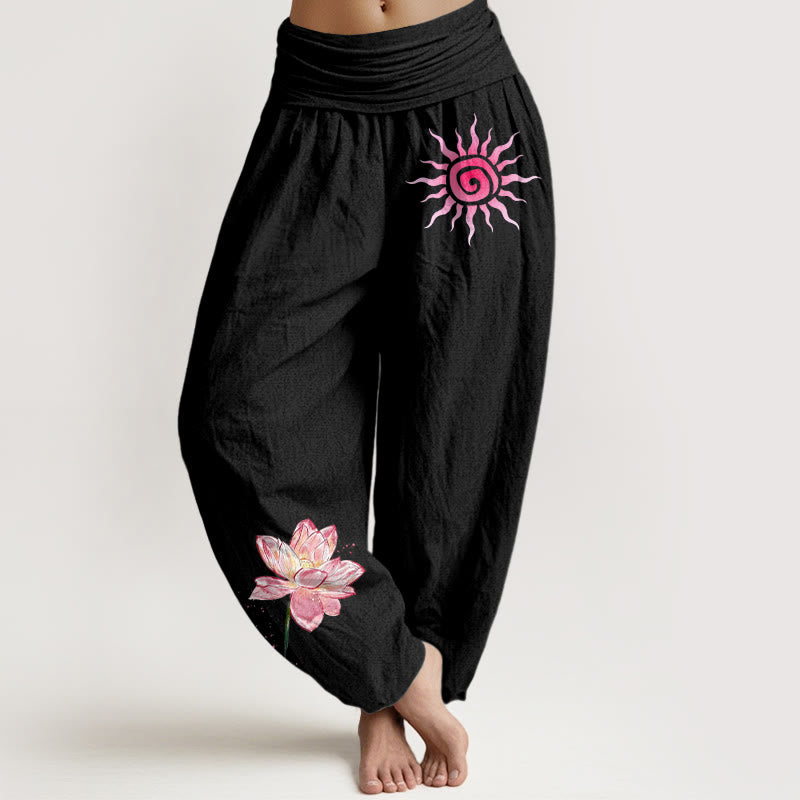 Buddha Stones Cotton Lotus Flower Sun Pattern Women's Elastic Waist Harem Pants - Black - US16，UK/AU20，EU48 (3XL) - image 0