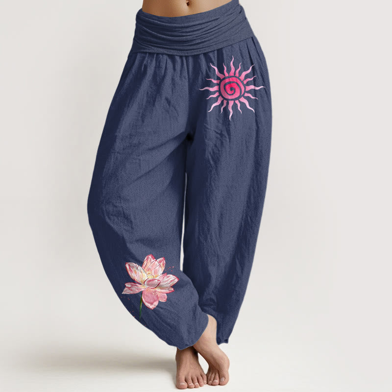 Buddha Stones Cotton Lotus Flower Sun Pattern Women's Elastic Waist Harem Pants - DarkSlateBlue - US16，UK/AU20，EU48 (3XL) - image 5