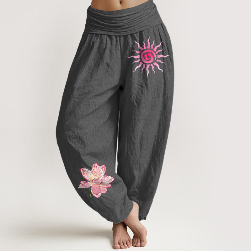 Buddha Stones Cotton Lotus Flower Sun Pattern Women's Elastic Waist Harem Pants - DimGray - US16，UK/AU20，EU48 (3XL) - image 8