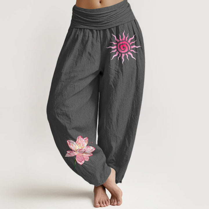 Buddha Stones Cotton Lotus Flower Sun Pattern Women's Elastic Waist Harem Pants - DimGray - US16，UK/AU20，EU48 (3XL) - image 8