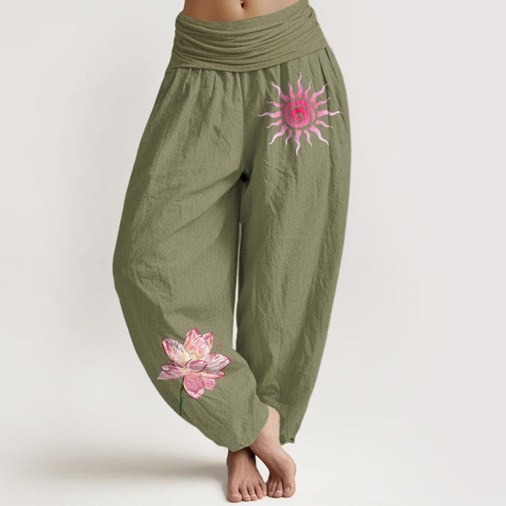 Buddha Stones Cotton Lotus Flower Sun Pattern Women's Elastic Waist Harem Pants - OliveDrab - US16，UK/AU20，EU48 (3XL) - image 14