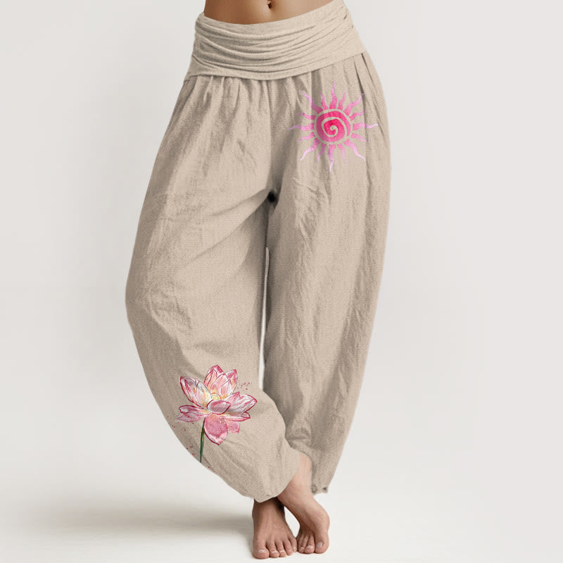 Buddha Stones Cotton Lotus Flower Sun Pattern Women's Elastic Waist Harem Pants - Tan - US16，UK/AU20，EU48 (3XL) - image 11