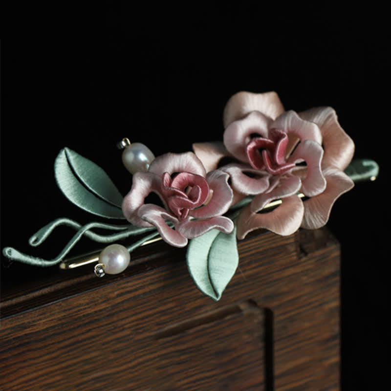 Buddha Stones Handcrafted Silk Art Twin Rose Flower Blessing Harmony Brooch - image 3