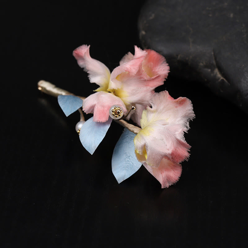 Buddha Stones Handcrafted Silk Art Pink Iris Flower Protection Brooch - image 1