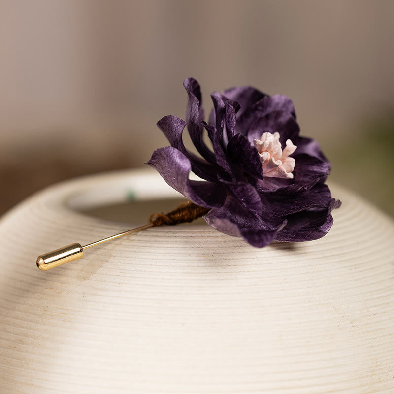 Buddha Stones Handcrafted Silk Art Purple Peony Flower Good Fortune Brooch - image 1