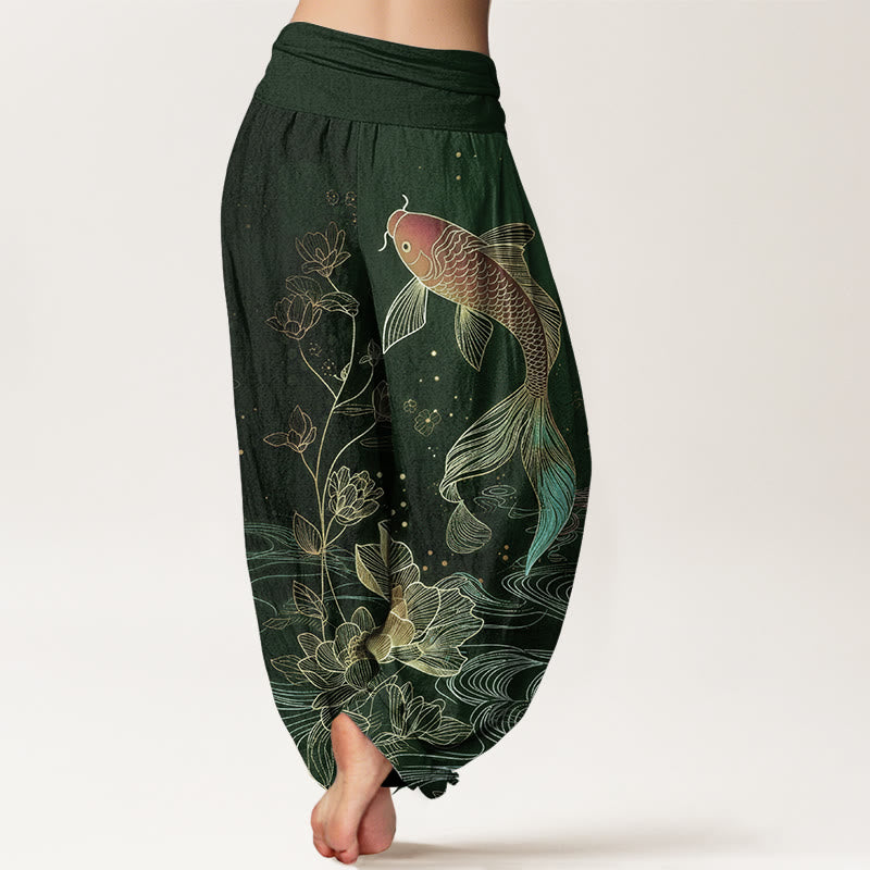 Buddha Stones Lotus Koi Fish Pattern Women's Elastic Waist Pure Cotton Harem Pants - image 6