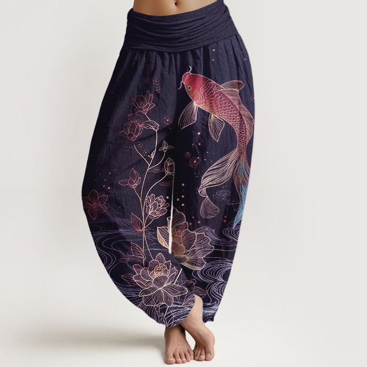 Buddha Stones Lotus Koi Fish Pattern Women's Elastic Waist Pure Cotton Harem Pants - Indigo - US16，UK/AU20，EU48 (3XL) - image 5