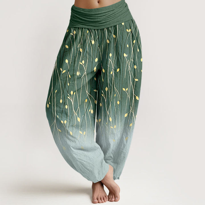 Buddha Stones Branches Leaves Pattern Gradient Women's Elastic Waist Pure Cotton Harem Pants - DarkSeaGreen - US16，UK/AU20，EU48 (3XL) - image 5