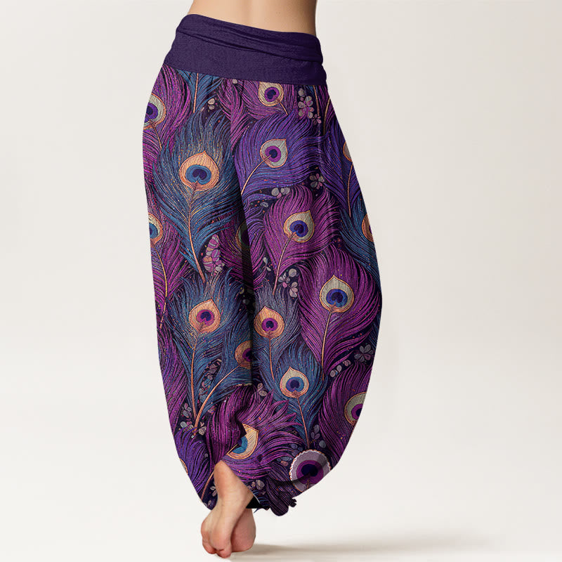 Buddha Stones Peacock Feathers Pattern Pure Cotton Women's Elastic Waist Harem Pants - image 1