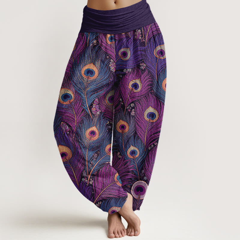 Buddha Stones Peacock Feathers Pattern Pure Cotton Women's Elastic Waist Harem Pants - DarkOrchid - US16，UK/AU20，EU48 (3XL) - image 0