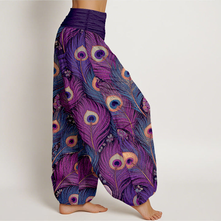 Buddha Stones Peacock Feathers Pattern Pure Cotton Women's Elastic Waist Harem Pants - image 2