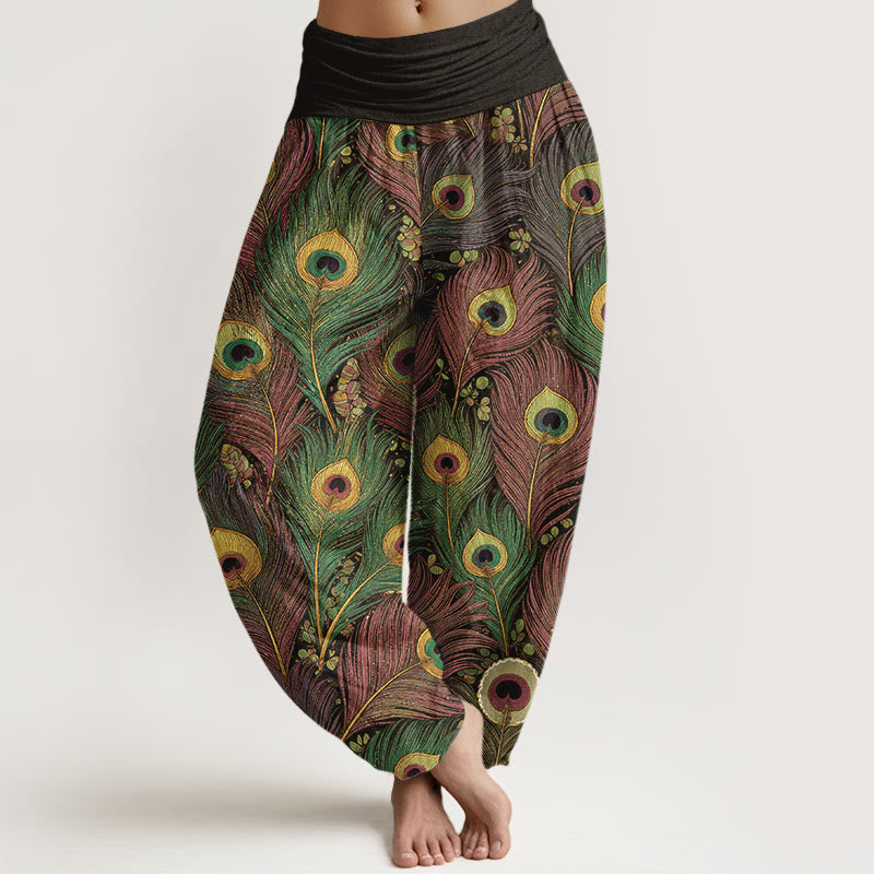 Buddha Stones Peacock Feathers Pattern Pure Cotton Women's Elastic Waist Harem Pants - DarkOliveGreen - US16，UK/AU20，EU48 (3XL) - image 5