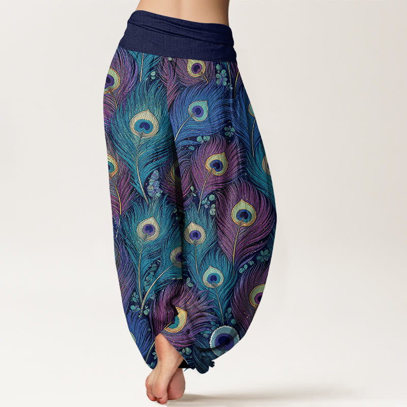 Buddha Stones Peacock Feathers Pattern Pure Cotton Women's Elastic Waist Harem Pants - image 9