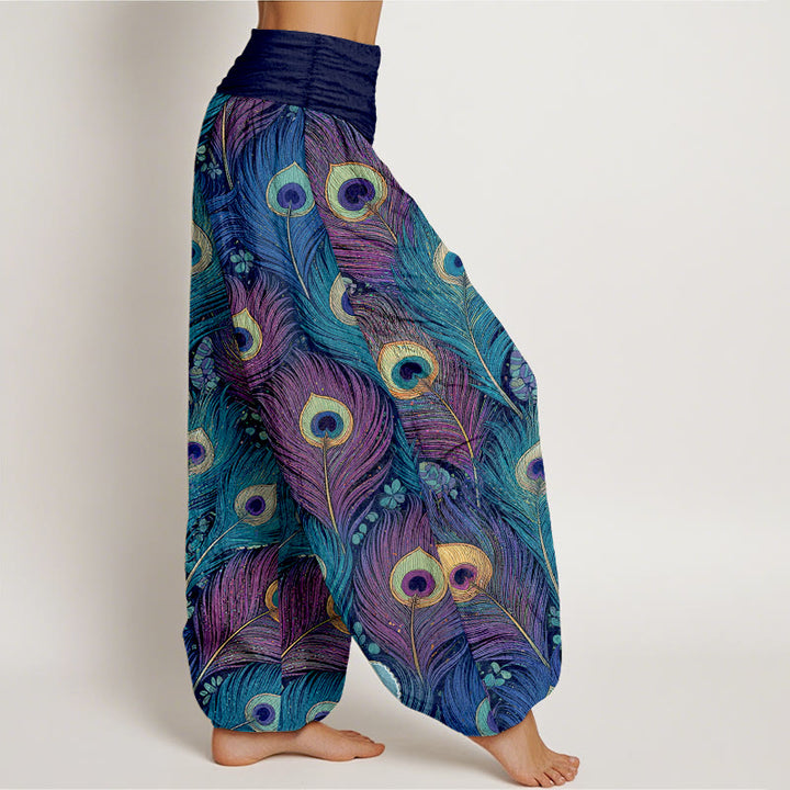 Buddha Stones Peacock Feathers Pattern Pure Cotton Women's Elastic Waist Harem Pants - image 10
