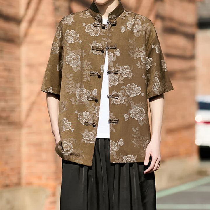 Buddha Stones Retro Frog Buttons Mandarin Collar Floral Jacquard Men's Short Sleeve Shirt - Peru - US/UK/AU46，EU56 (5XL) - image 0