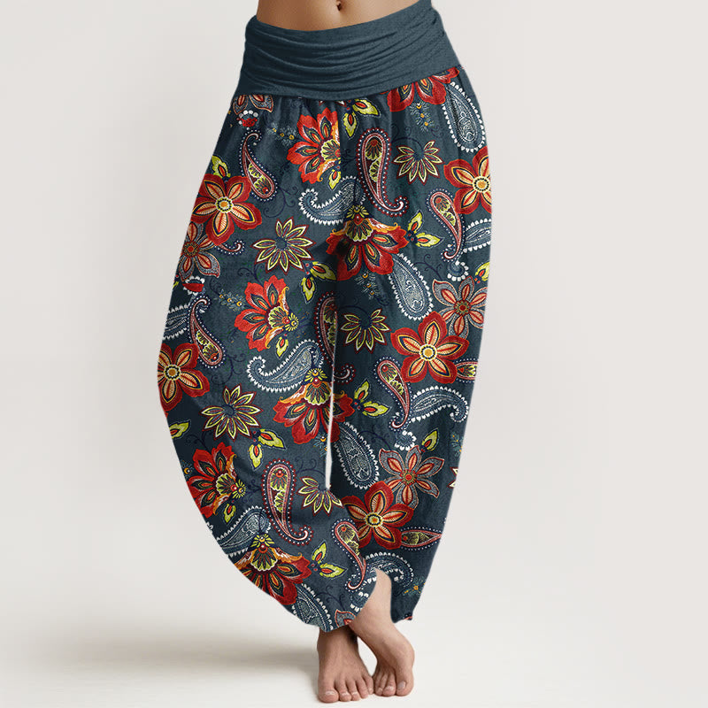 Buddha Stones Women's Elastic Waist Paisley Floral Pattern Pure Cotton Harem Pants - SlateGray - US16，UK/AU20，EU48 (3XL) - image 5