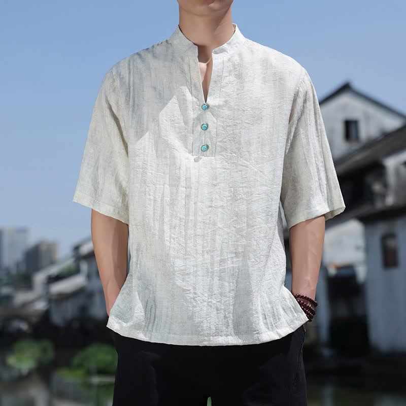 Buddha Stones Summer Dai Ethnic Short Sleeve Men's Notched Collar Button T-Shirt - FloralWhite - US/UK/AU46，EU56 (5XL) - image 4
