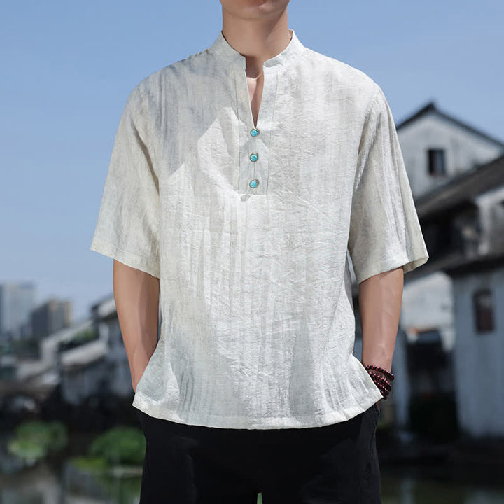 Buddha Stones Summer Dai Ethnic Short Sleeve Men's Notched Collar Button T-Shirt - FloralWhite - US/UK/AU46，EU56 (5XL) - image 4