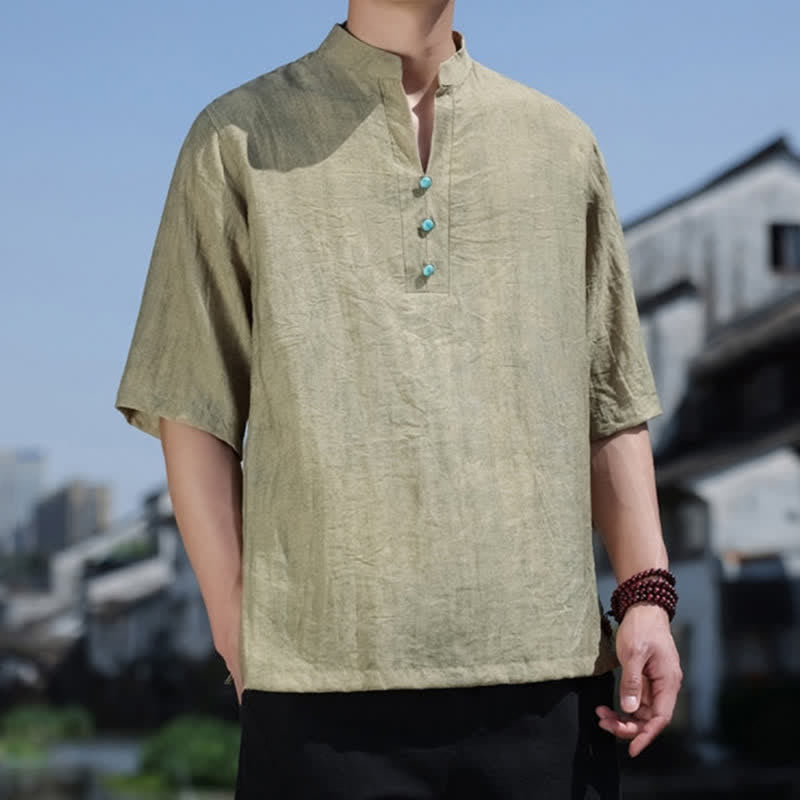 Buddha Stones Summer Dai Ethnic Short Sleeve Men's Notched Collar Button T-Shirt - image 2