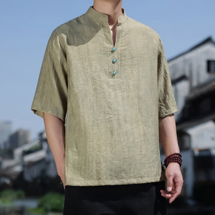 Buddha Stones Summer Dai Ethnic Short Sleeve Men's Notched Collar Button T-Shirt - image 2
