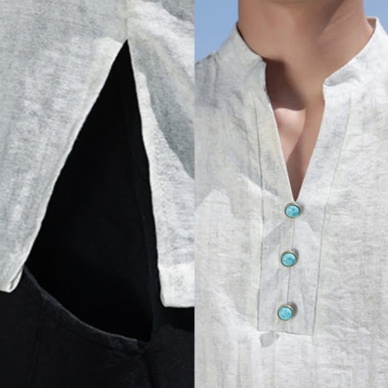Buddha Stones Summer Dai Ethnic Short Sleeve Men's Notched Collar Button T-Shirt - image 6