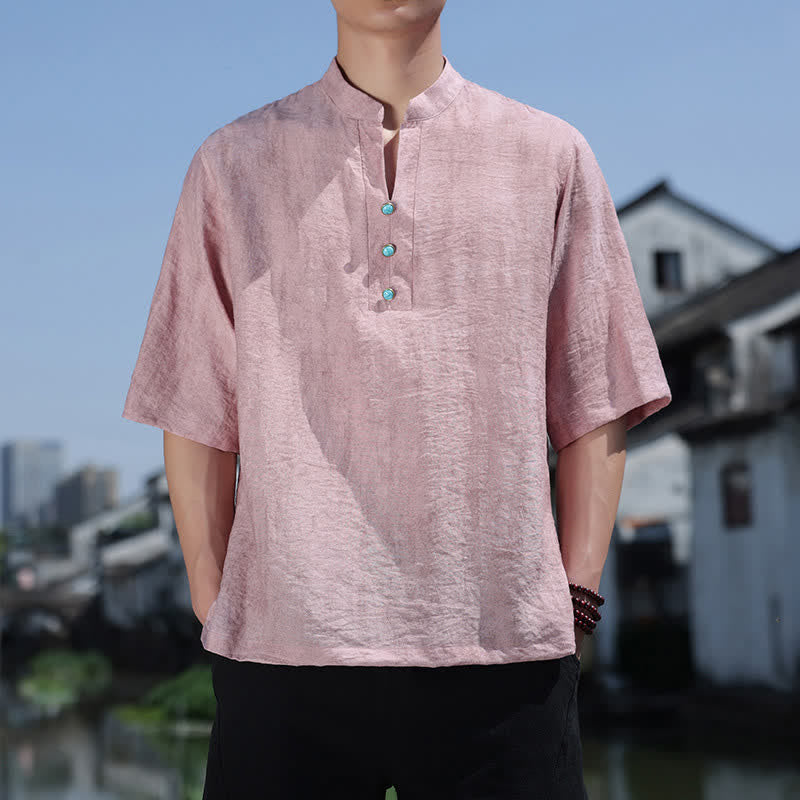 Buddha Stones Summer Dai Ethnic Short Sleeve Men's Notched Collar Button T-Shirt - LightPink - US/UK/AU46，EU56 (5XL) - image 10