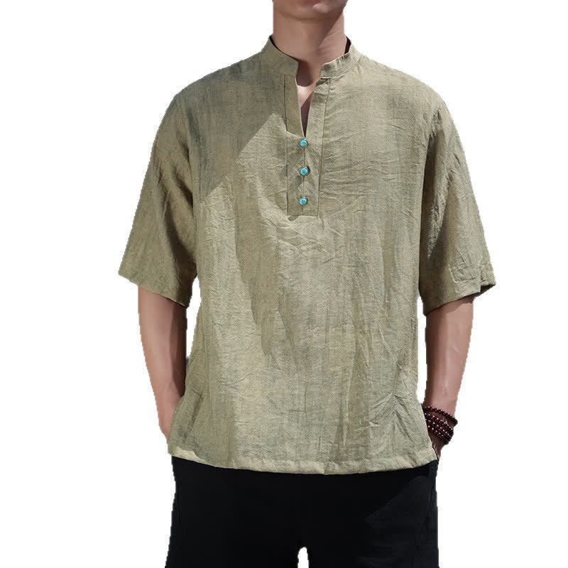 Buddha Stones Summer Dai Ethnic Short Sleeve Men's Notched Collar Button T-Shirt - image 3