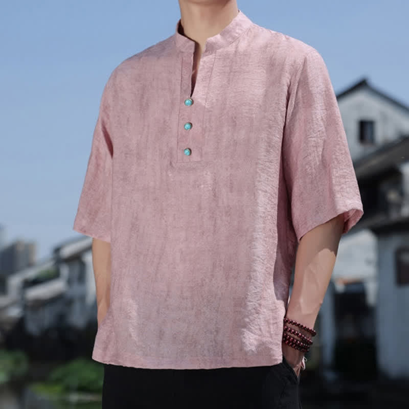 Buddha Stones Summer Dai Ethnic Short Sleeve Men's Notched Collar Button T-Shirt - image 13