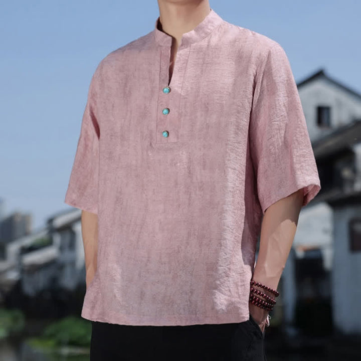 Buddha Stones Summer Dai Ethnic Short Sleeve Men's Notched Collar Button T-Shirt - image 13
