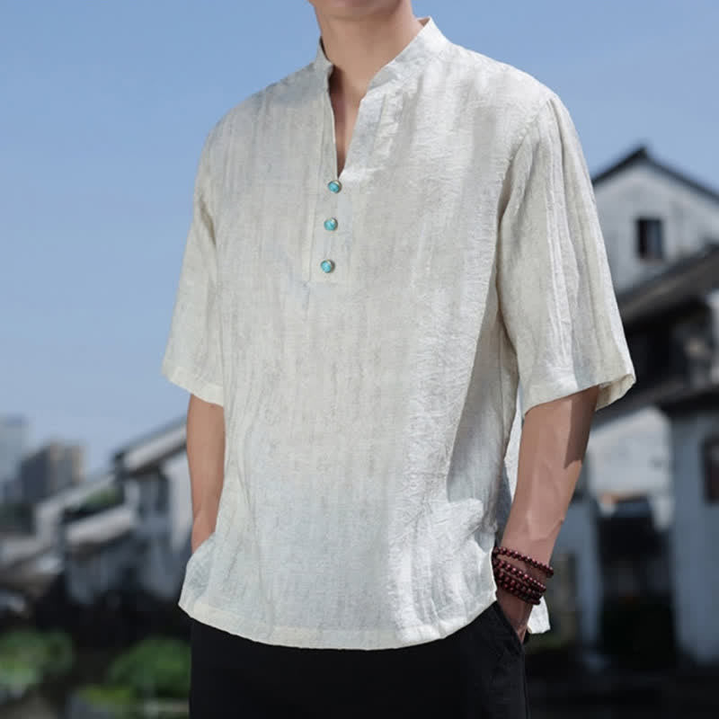 Buddha Stones Summer Dai Ethnic Short Sleeve Men's Notched Collar Button T-Shirt - image 5