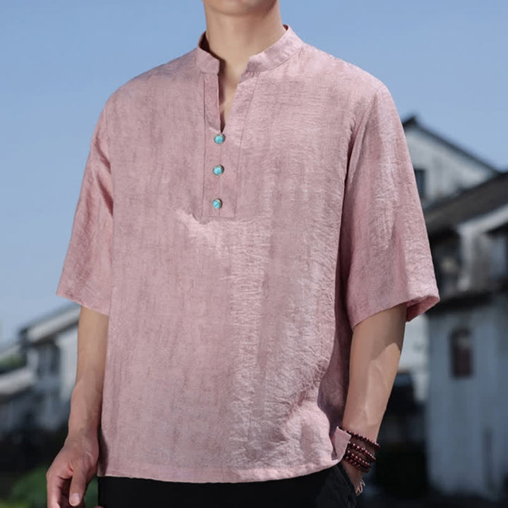 Buddha Stones Summer Dai Ethnic Short Sleeve Men's Notched Collar Button T-Shirt - image 11