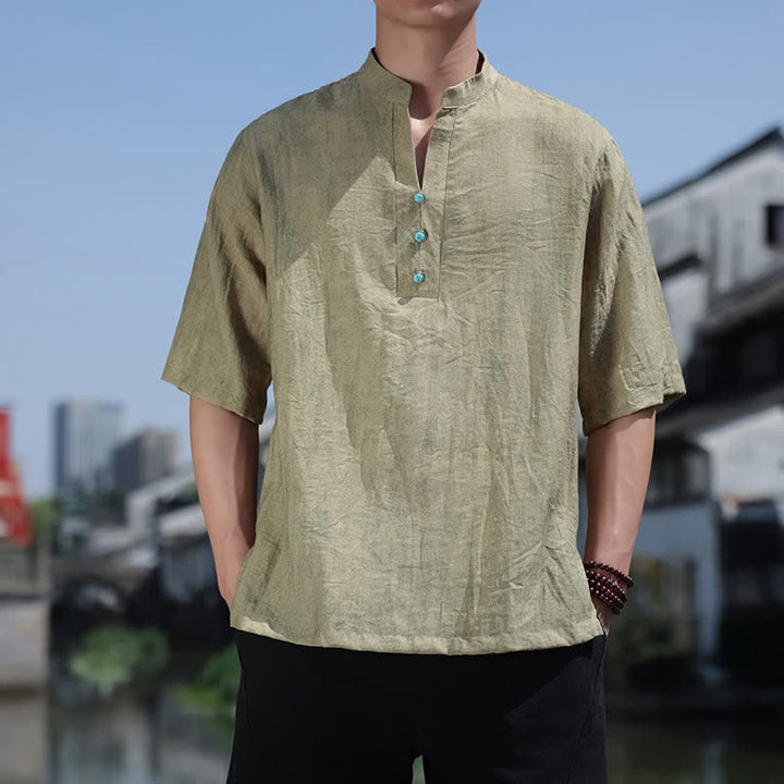 Buddha Stones Summer Dai Ethnic Short Sleeve Men's Notched Collar Button T-Shirt - OliveDrab - US/UK/AU46，EU56 (5XL) - image 0