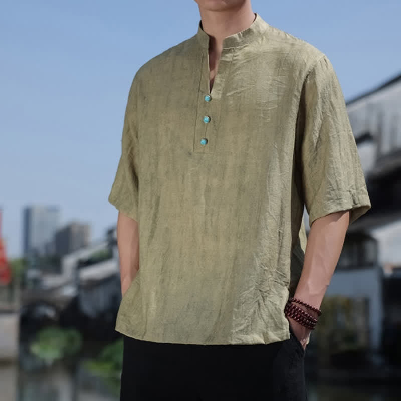 Buddha Stones Summer Dai Ethnic Short Sleeve Men's Notched Collar Button T-Shirt - image 1