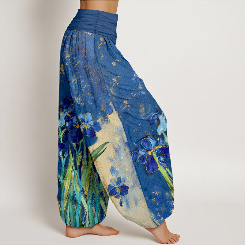 Buddha Stones Irises Pattern Pure Cotton Women's Elastic Waist Harem Pants - image 2