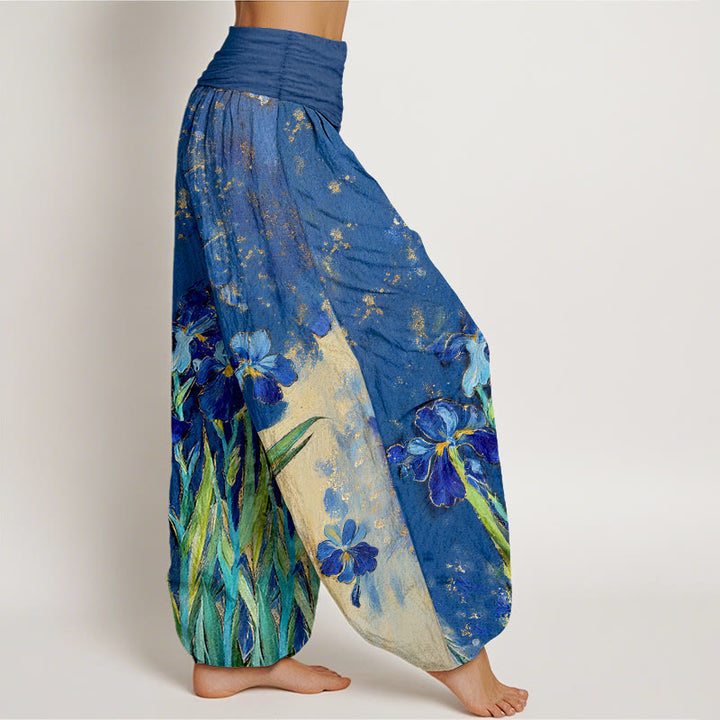 Buddha Stones Irises Pattern Pure Cotton Women's Elastic Waist Harem Pants - image 2