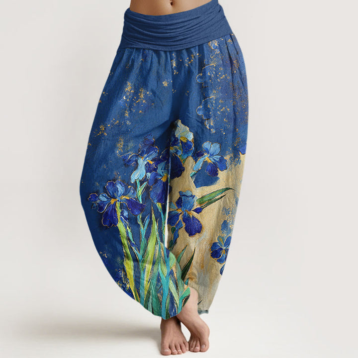 Buddha Stones Irises Pattern Pure Cotton Women's Elastic Waist Harem Pants - RoyalBlue - US16，UK/AU20，EU48 (3XL) - image 0
