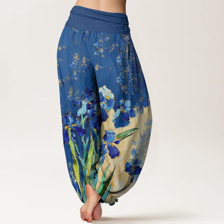 Buddha Stones Irises Pattern Pure Cotton Women's Elastic Waist Harem Pants - image 1