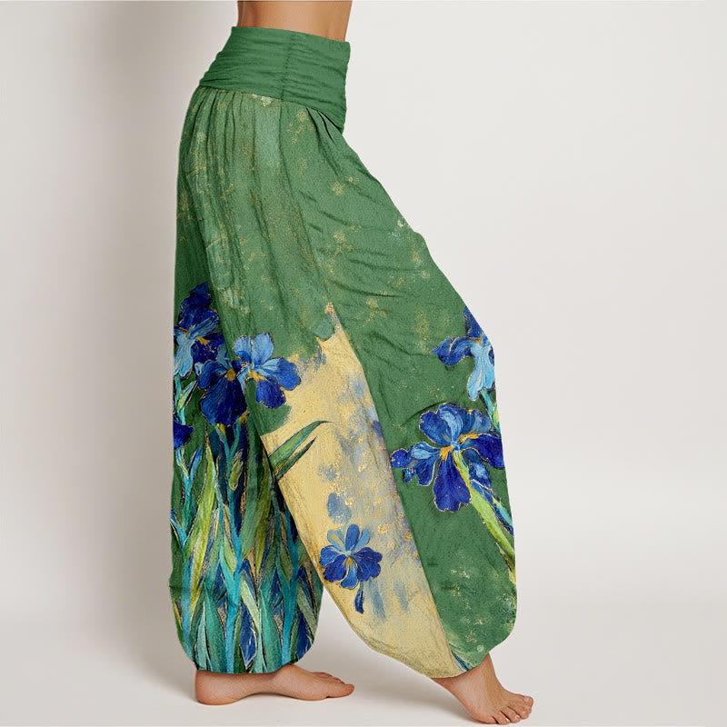 Buddha Stones Irises Pattern Pure Cotton Women's Elastic Waist Harem Pants - image 10