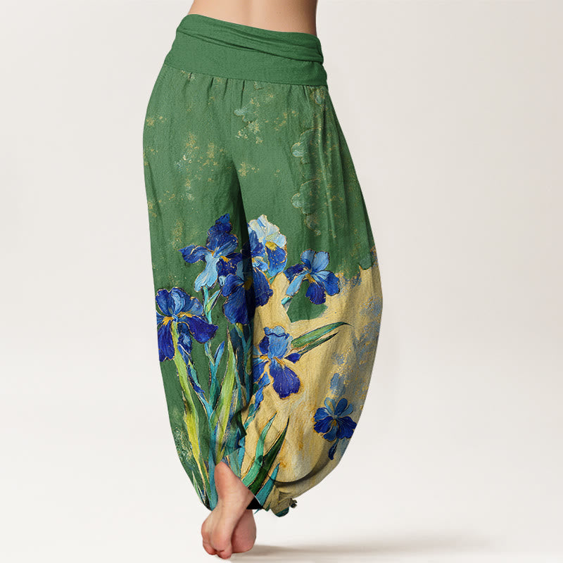 Buddha Stones Irises Pattern Pure Cotton Women's Elastic Waist Harem Pants - image 9