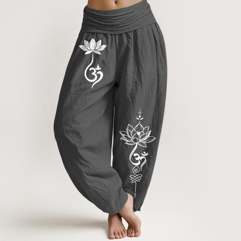 Buddha Stones Cotton Lotus Flower Om Pattern Women's Elastic Waist Harem Pants - DimGray - US16，UK/AU20，EU48 (3XL) - image 0